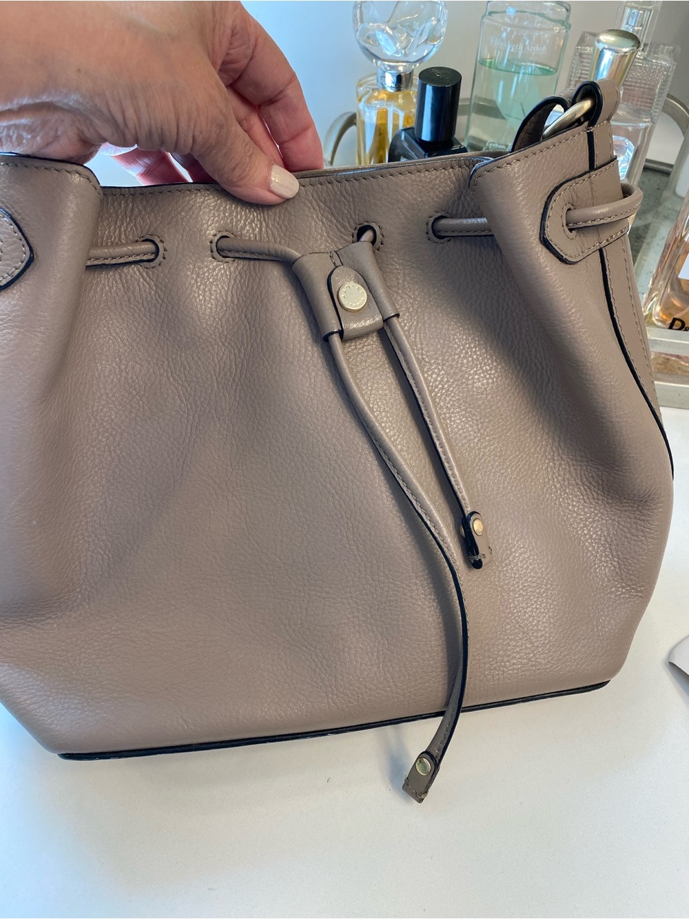 RADLEY LONDON Taupe Drawstring Leather Shoulder Bag